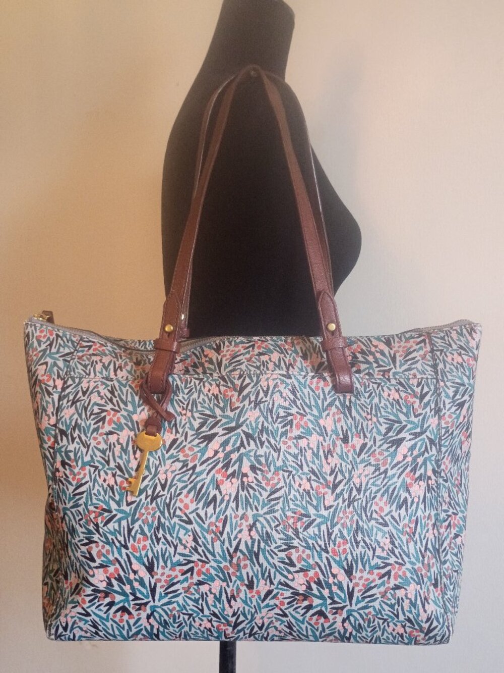 FOSSIL "Rachel" Blue Floral Faux Leather Zipper Tote Bag X1606